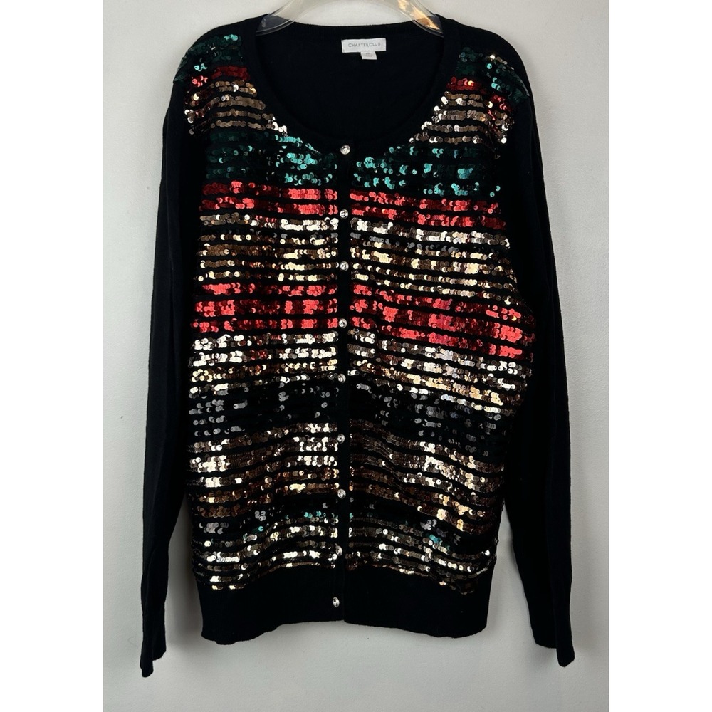 Charter Club Sequin Cardigan Sweater Womens XXL Button 2XL Holiday Event Bling
